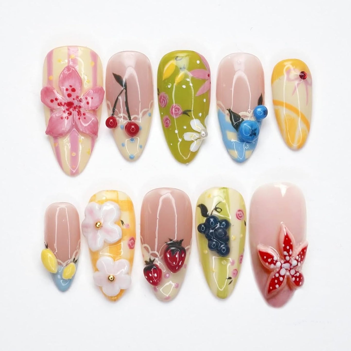 Almond Press-On Nails - White French Tip with 3D Gold Bow | Reusable Acrylic Full Cover, 24 Pcs