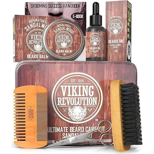 Viking Revolution Ultimate Grooming Kit for Men - Boar Brush, Wood Comb, Sandalwood Balm & Oil, Scissors for Beard & Mustache