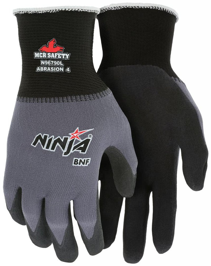 MCR Safety Ninja BNF N96790L Work Glove, 15 Gauge Nylon/Spandex Shell, Breathable Nitrile Foam (BNF) Coated Palm & Fingertips, Large, Black / Gray, Grey