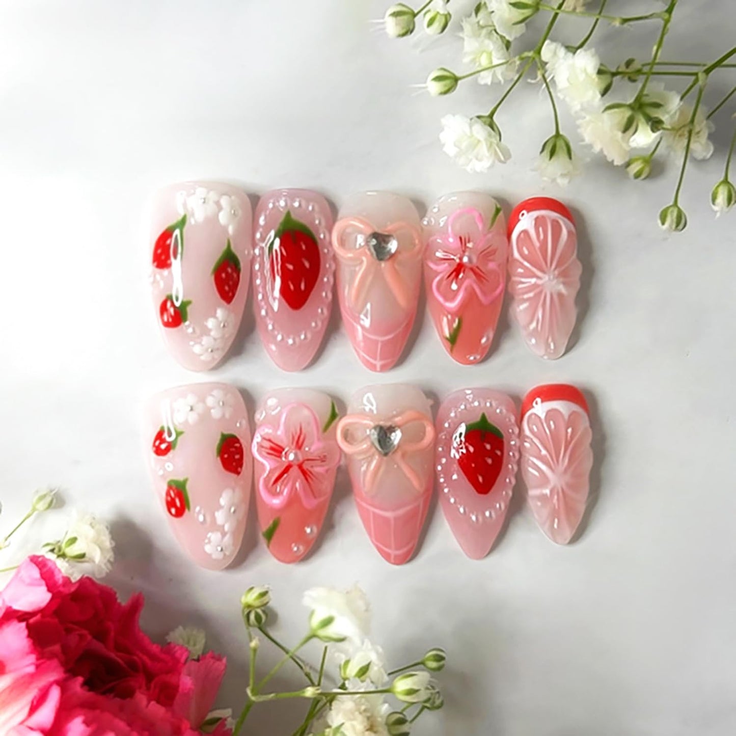 30Pcs Summer Beach Press-On Nails - Medium Almond French Tip with 3D Pearl Seashell Designs | Ocean-Inspired Acrylic Nails for Women
