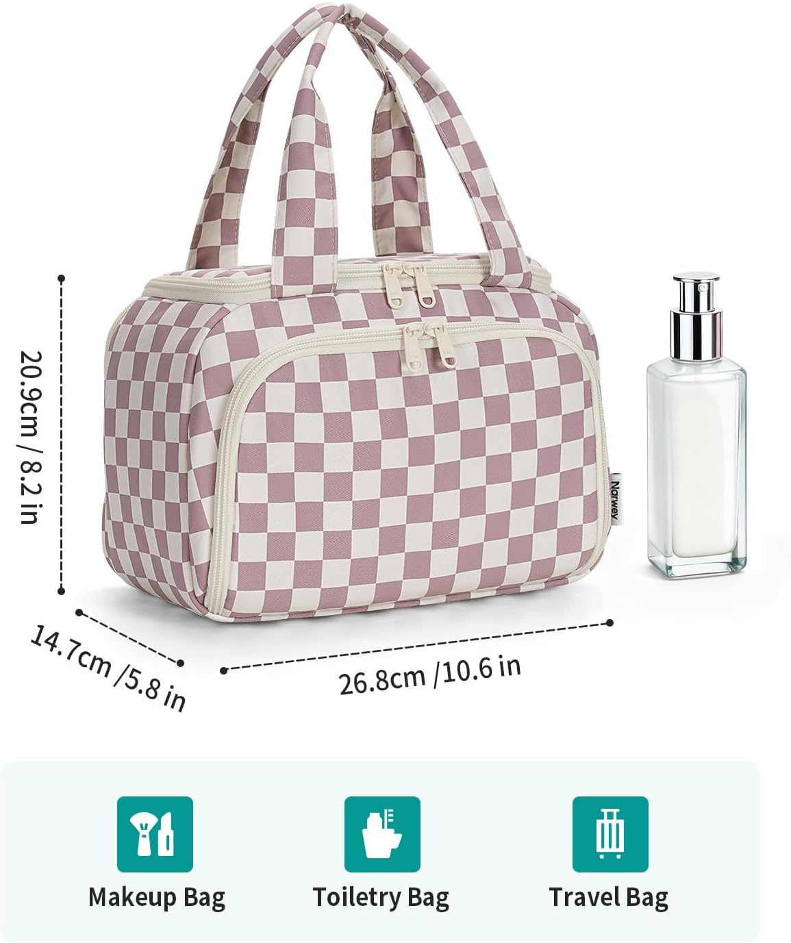 Checkered Travel Toiletry Bag for Women - Large Makeup Organizer with Handle | Dusty Pink Checkerboard
