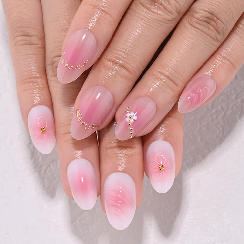 Nude Cat Eye Press-On Nails - Short Almond Shape with Gold French Tips | Reusable Soft Gel Set for Women