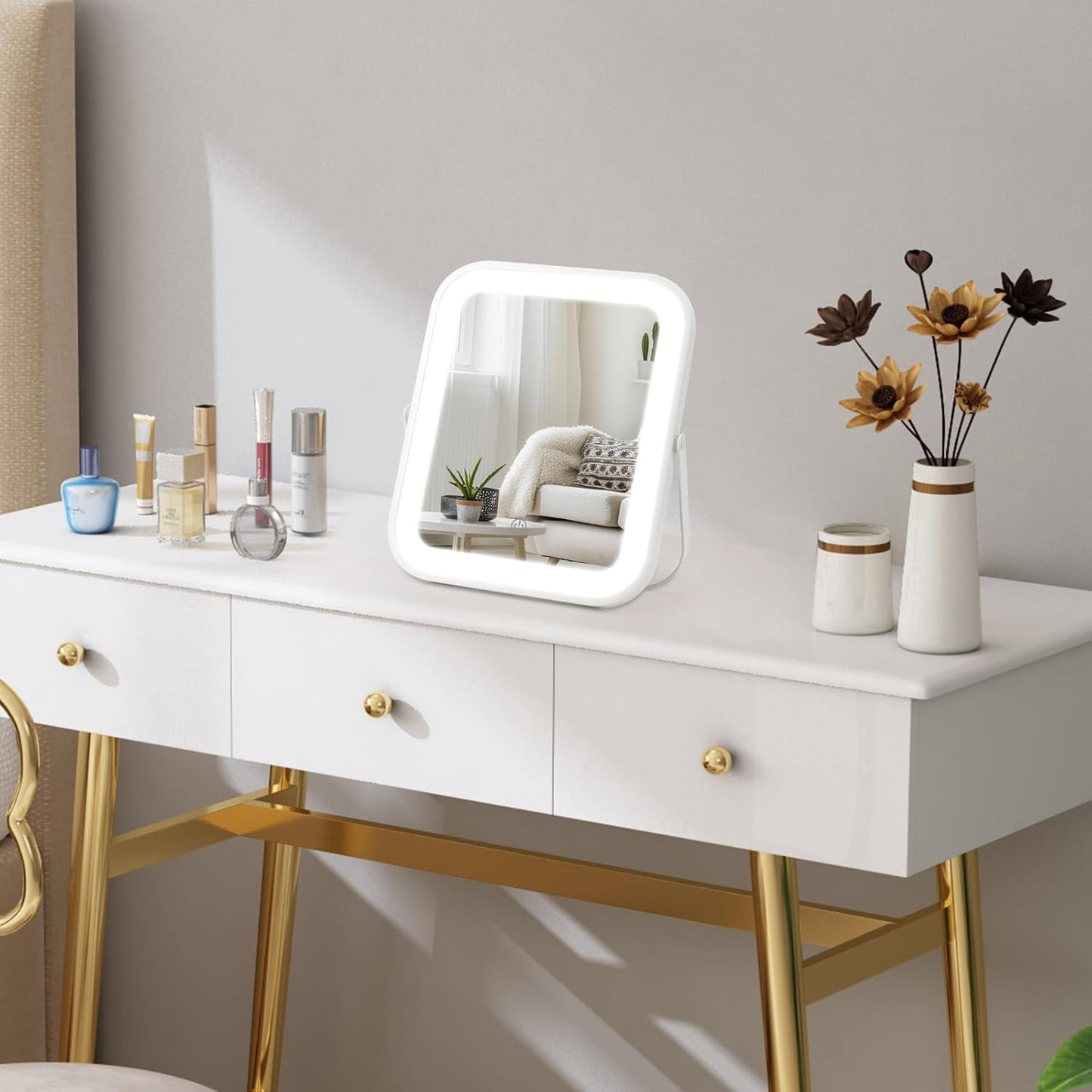 Rechargeable Makeup Mirror with Lights - 10"×8" Dimmable HD Vanity Mirror | Smart Touch, 3-Color Lighting, Portable Travel Essential