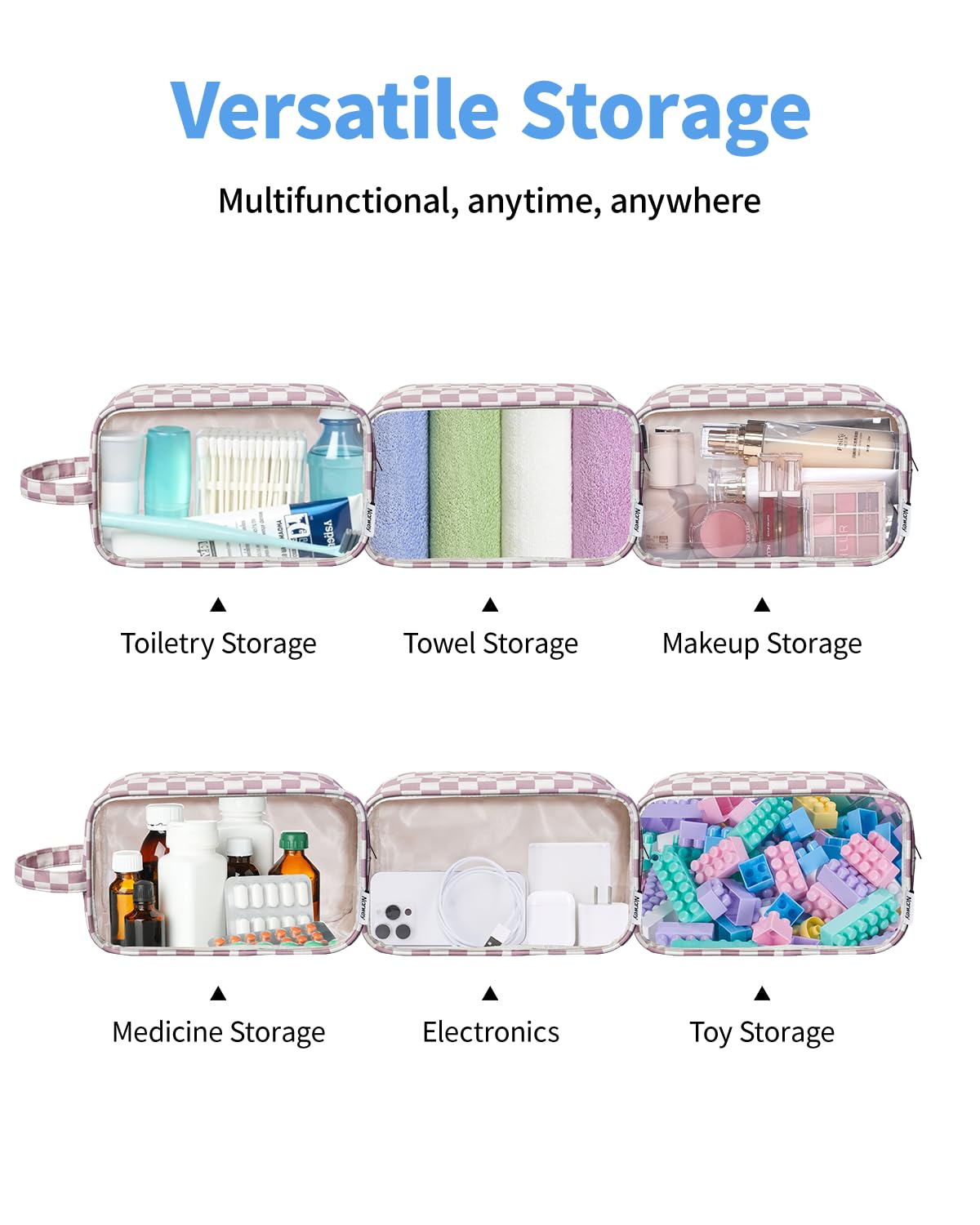 Narwey Clear Toiletry Bags for Traveling Women Men, Clear Travel Bags for Toiletries Makeup Bag Cosmetic Bag with Zipper, Make Up Organizer, Skincare Bag (Dusty Pink Checkerboard)