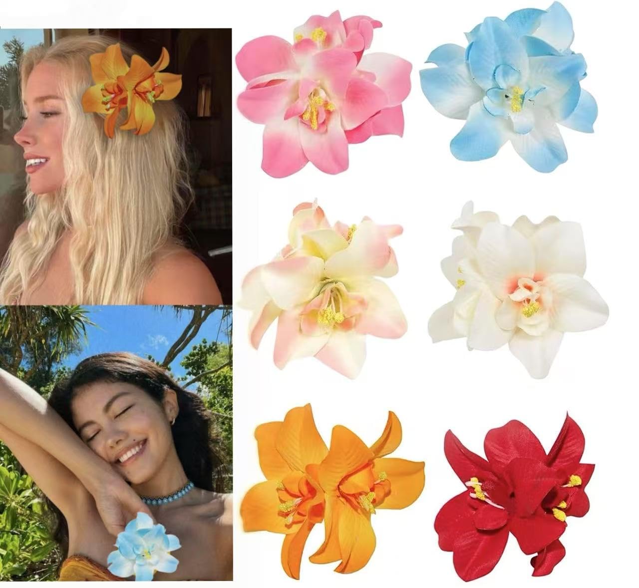 Hawaiian Flower Hair Clips - 6 Pcs Plumeria & Hibiscus Set | 3.5 Inch Colorful Accessories for Weddings & Beach Parties