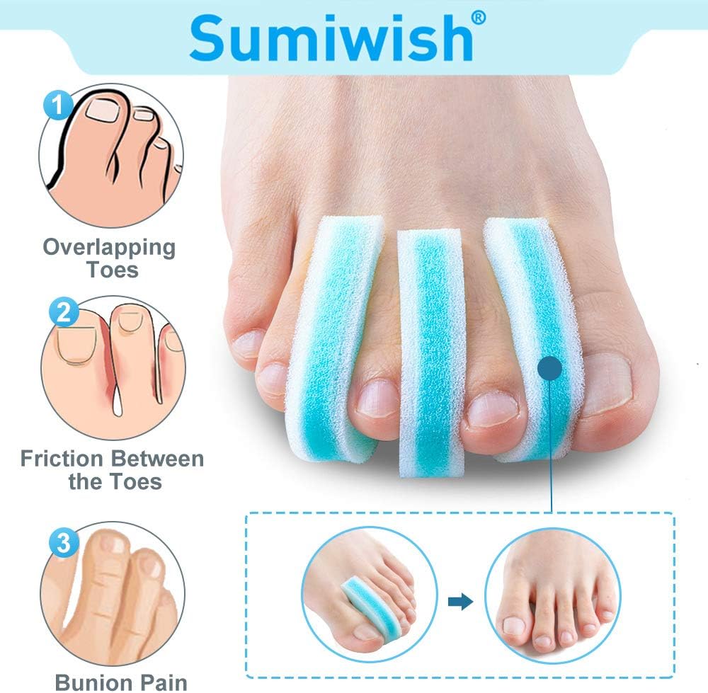 Foam Toe Separators - 10 Pack Breathable Toe Spacers for Pain Relief | Overlapping Toes Corrector - Blue