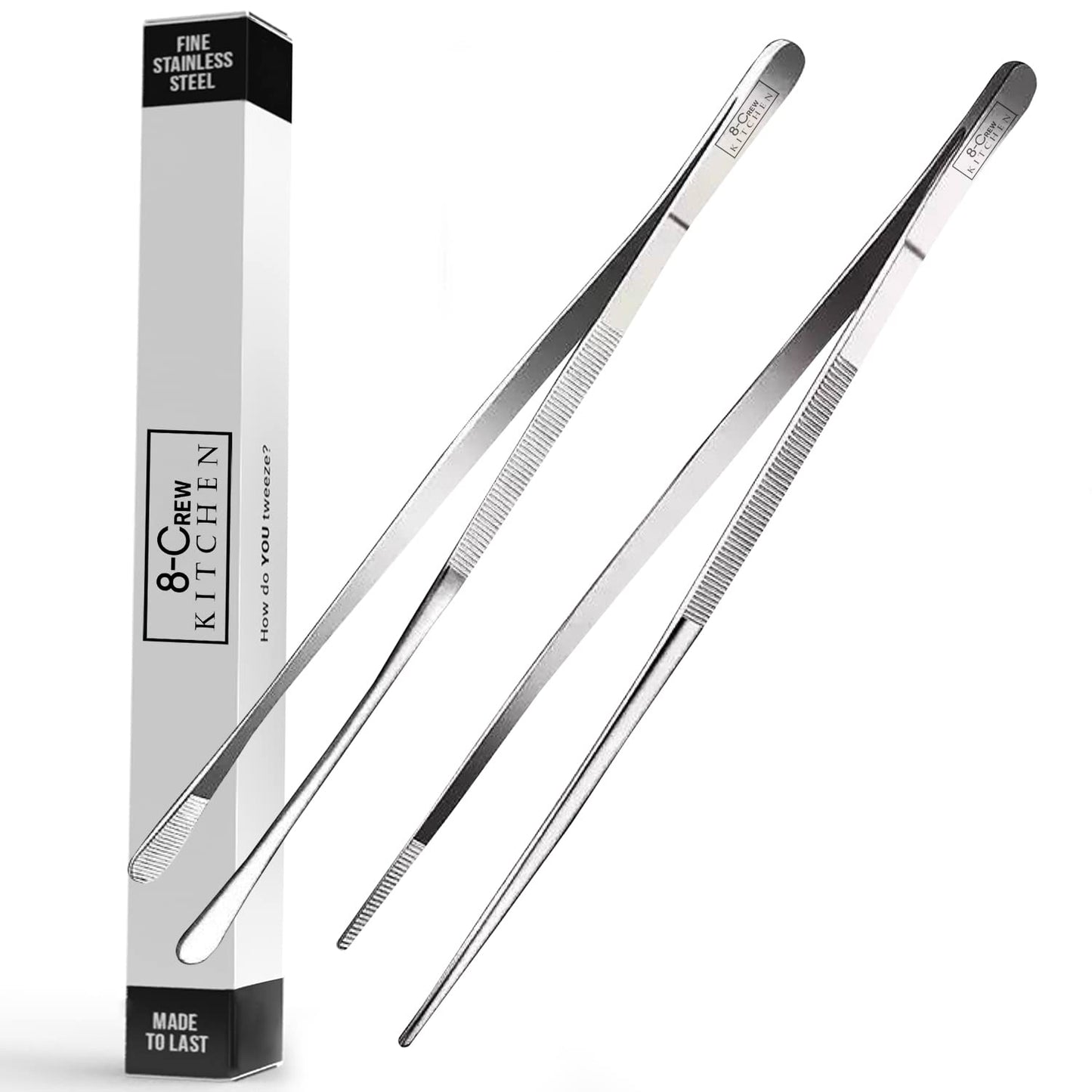 8-CREW KITCHEN Cooking Tweezers - 12 inch 304 Stainless Steel Set of 2 - Culinary Chef Tweezers for Multi-Purpose, Plating, Food Decorating & Bar