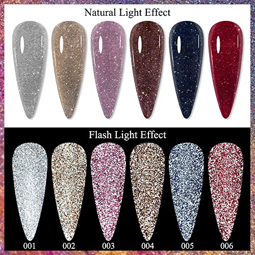 MIZHSE Reflective Glitter Gel Nail Polish Set 2 - 6 Bright Colors, 10ml Each, Sparkly Shimmer, UV LED Nail Art Varnish, DIY Manicure Kit
