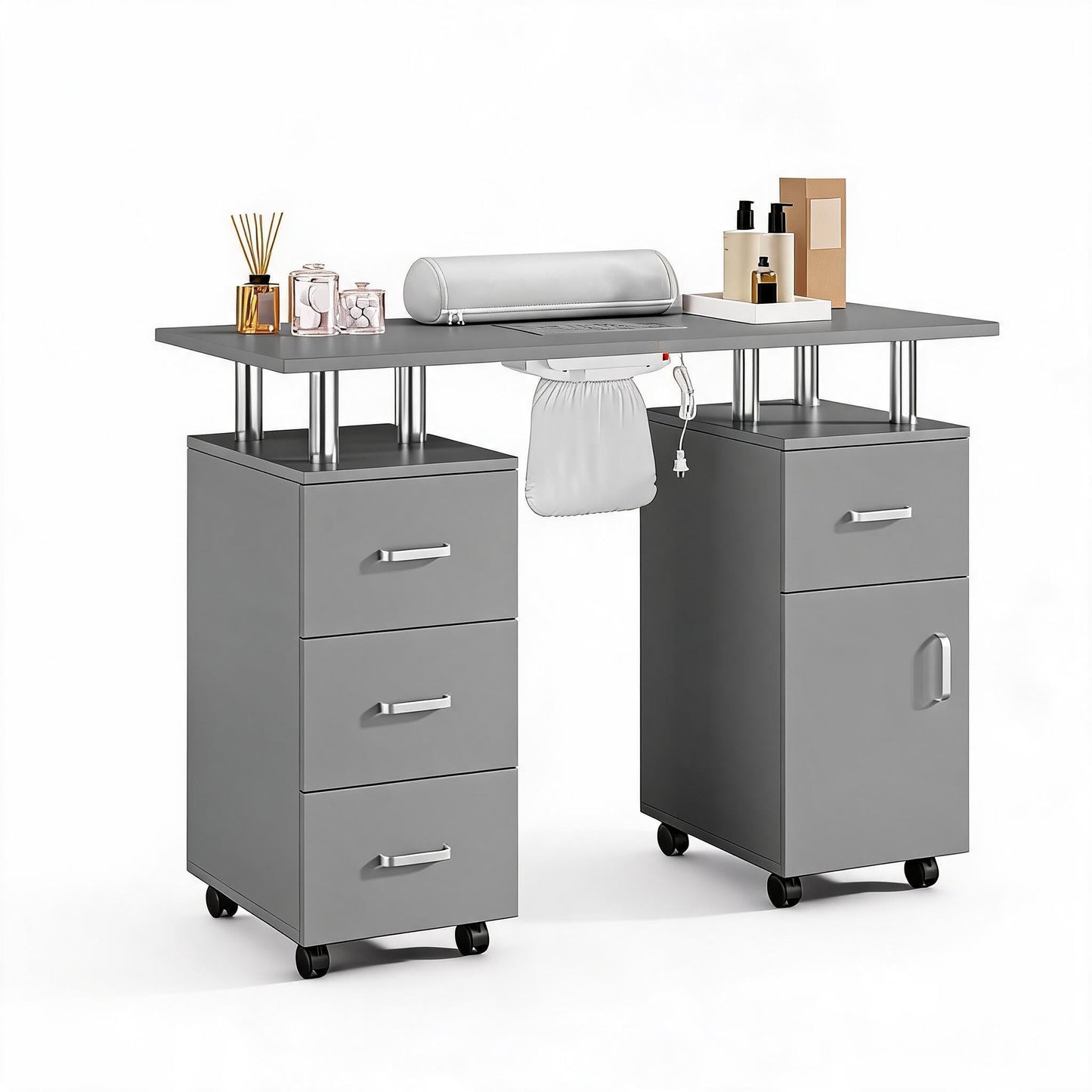 LEISULIF Mobile Manicure Table on Wheels, Portable Nail Desk with Storage - Pro Manicure Station with Dust Collector & Wrist Cushion, 4 Drawers Cabinet, Lockable Wheels for Salon Home - Grey