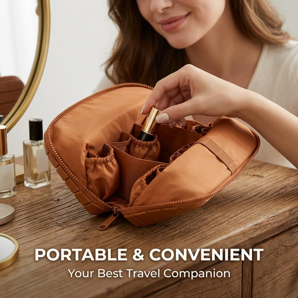 Travel Makeup Organizer Bag - Large Capacity with Adjustable Dividers & 27 Pockets | Brown