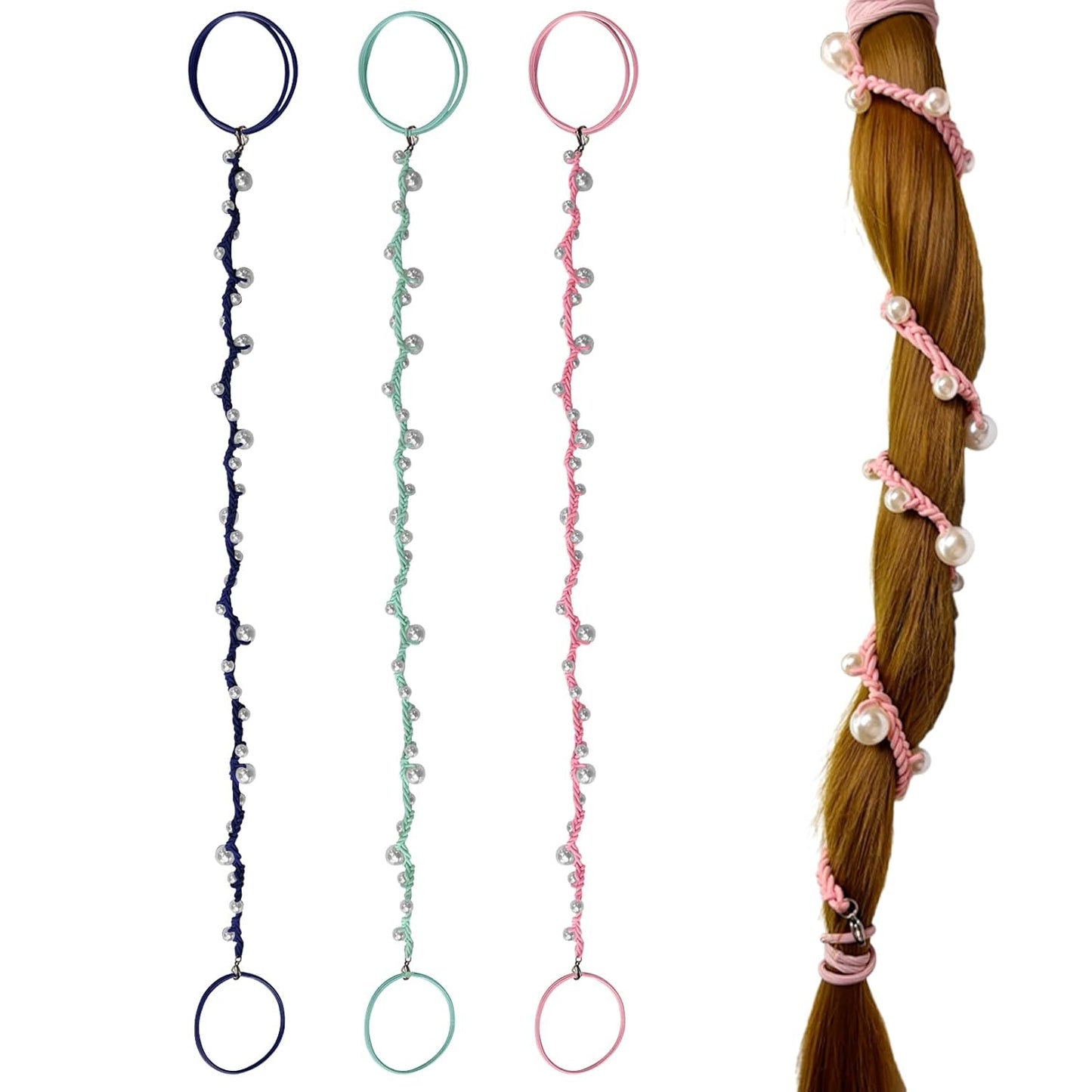 Pearl Hair Ties for Women - Hand-Braided Sport Ponytail Holders | Tangle-Free 16” Wraps in Hot Pink, Blue & Green (3 Pack)