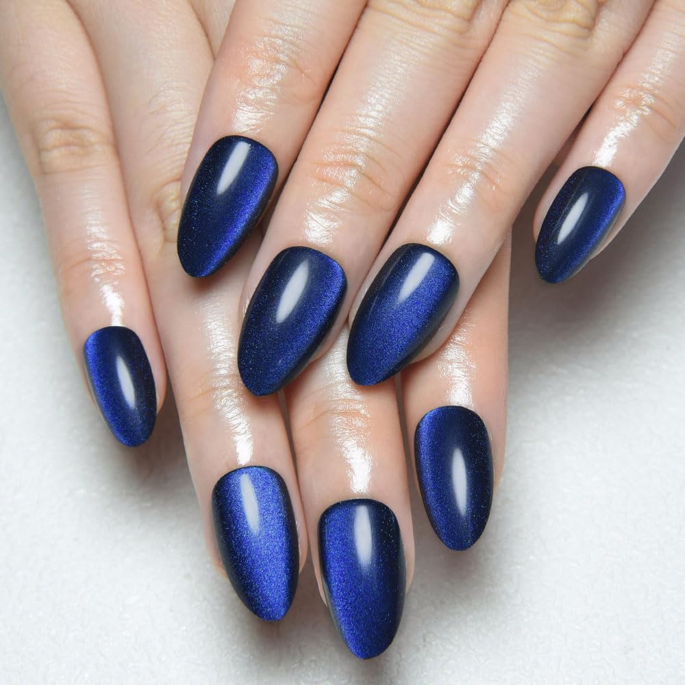 Aqua Blue Cat Eye Press-On Nails - Medium Square Chrome Design | Holographic Glitter Gel Acrylic Reusable