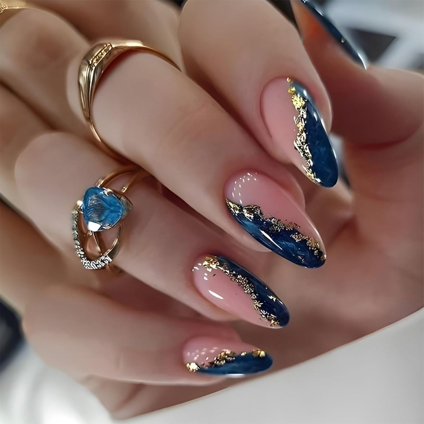 Almond Medium Press-On Nails - Blue Marble Full Cover with Gold Foil | 24 Pcs Glossy Artificial Nail Art for Women
