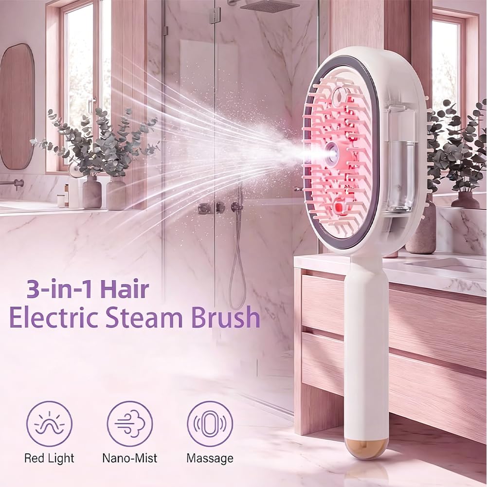 Electric Steam Brush - Rechargeable Misting Detangling Straightener | USB-C Styling Tool for Short Hair (2PCS-B)