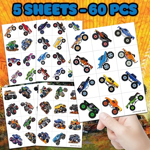 60-Piece Monster Truck Temporary Tattoos for Kids - Race Car Party Favors