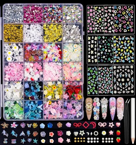ABOLINE 24-Grid Nail Art Kit with 3D Charms, Rhinestones & Hawaiian Flowers