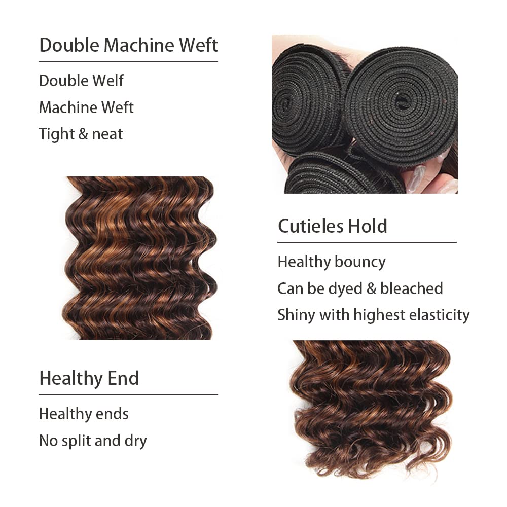 22 22 22 Inch P4/30 Brown Bundles Human Hair Deep Wave 3 Bundles 100 Grams/Bundle 10A Grade Unprocessed Brazilian Virgin Hairs Highlight Chocolate Brown Bundles Weaves Hair Extensions For Women
