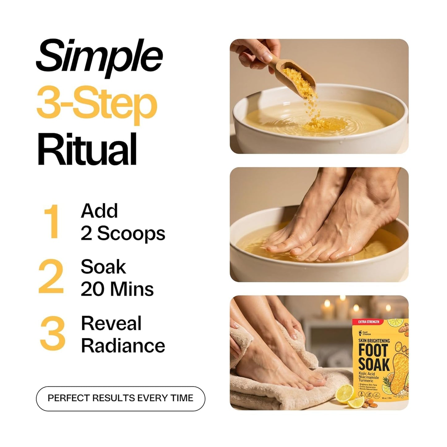 Foot Choice Skin Brightening Foot Soak with Kojic Acid & Niacinamide - Evens Skin Tone, Boosts Glow & Softens Calluses - Turmeric & Vitamin C - 2 Pack