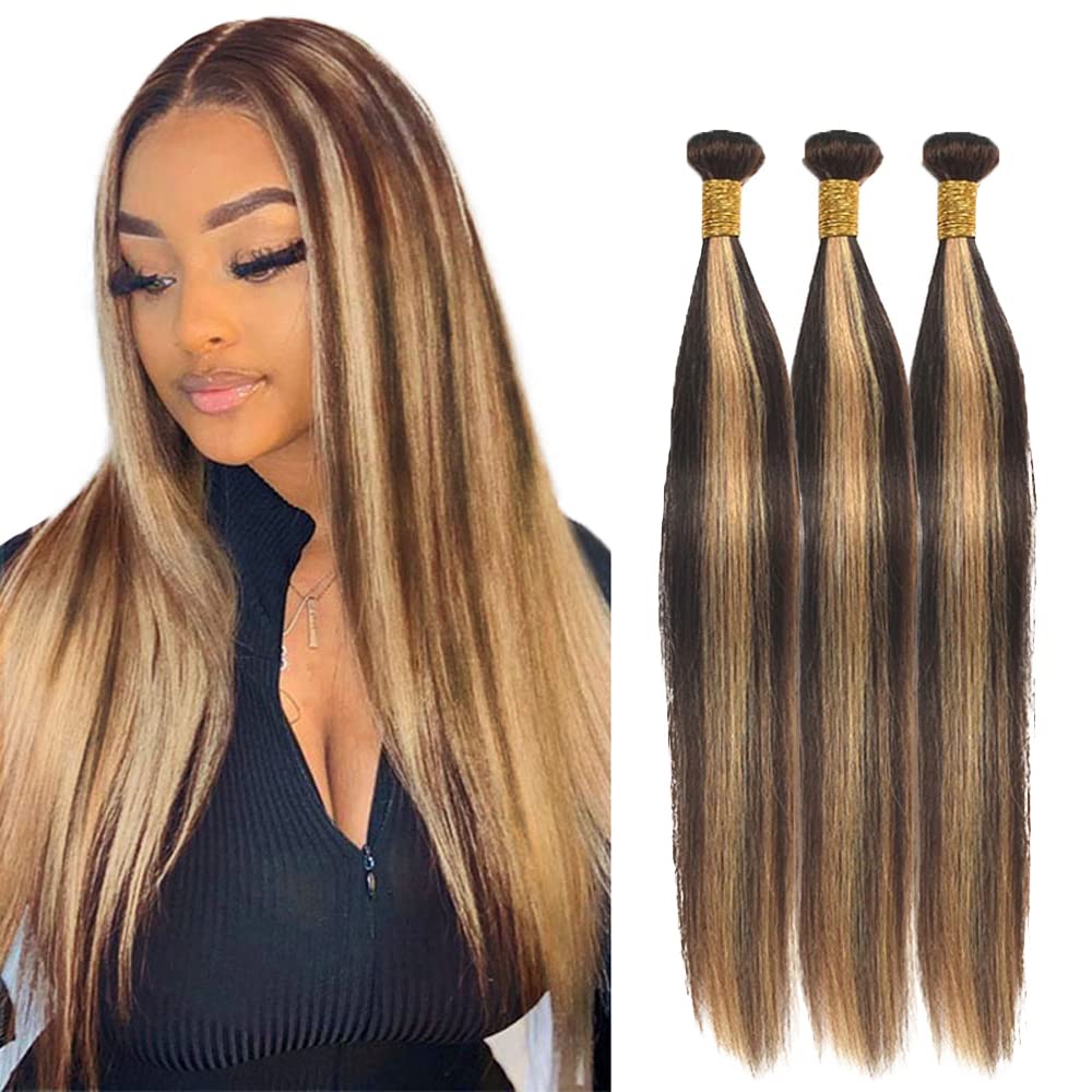 22 24 26 Inch P4/27 Highlight Blonde Bundles Human Hair Straight 3 Bundles Brazilian Remy Hair 50 Grams/Bundle 10A Grade Unprocessed Virgin Hairs Blonde Straight Bundle Weaves Extensions