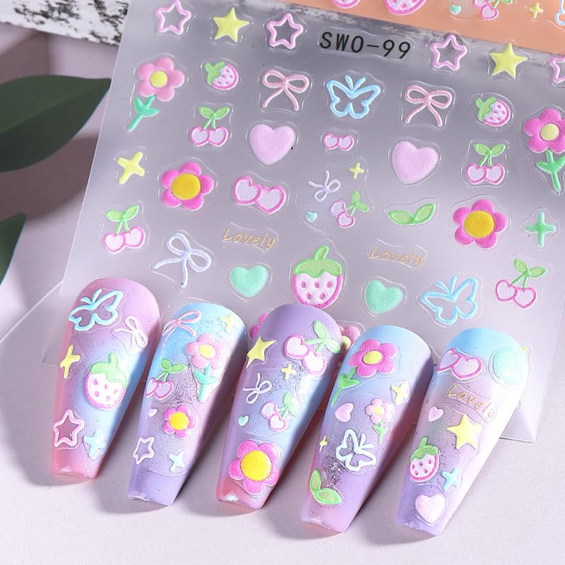 4Pcs 3D Flower Nail Art Stickers - Cherry & Strawberry Design