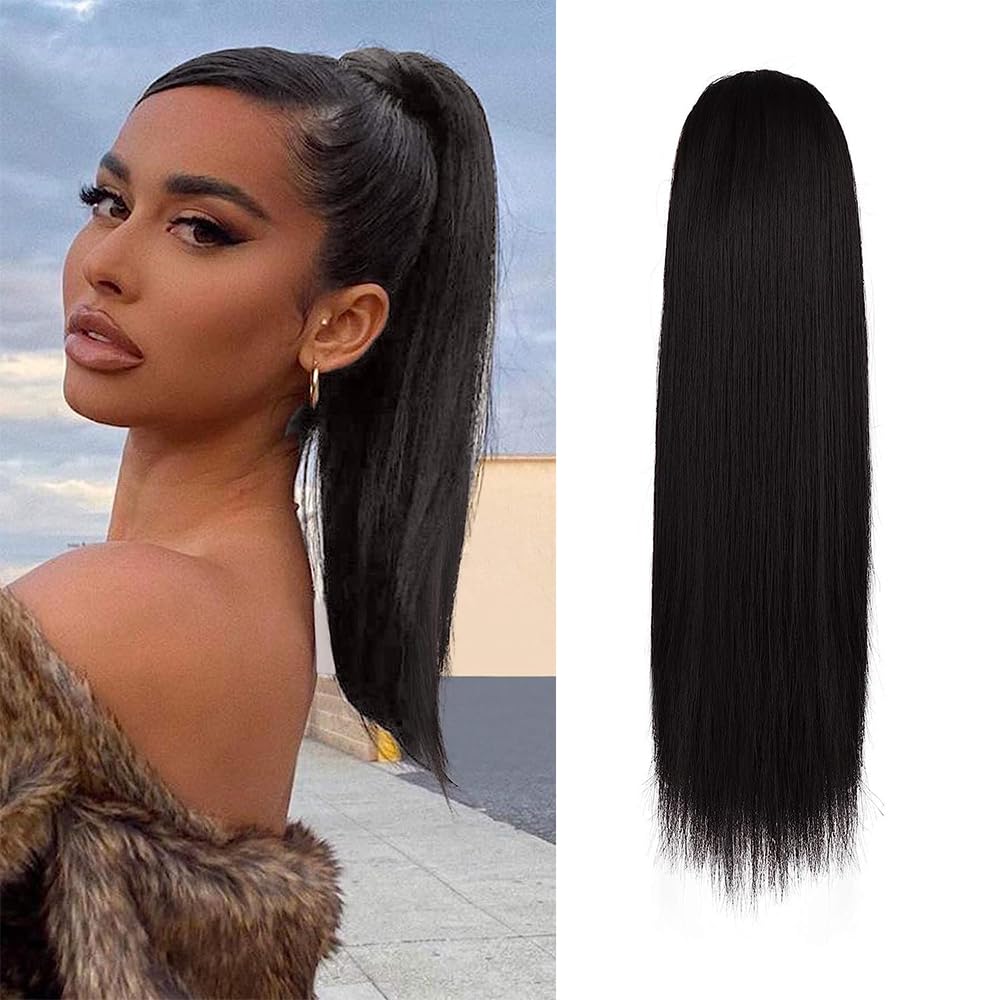 Long Straight Ponytail Extension - 26 Inch Brown Synthetic Clip-In Hairpiece for Women | Light Brown Mixed