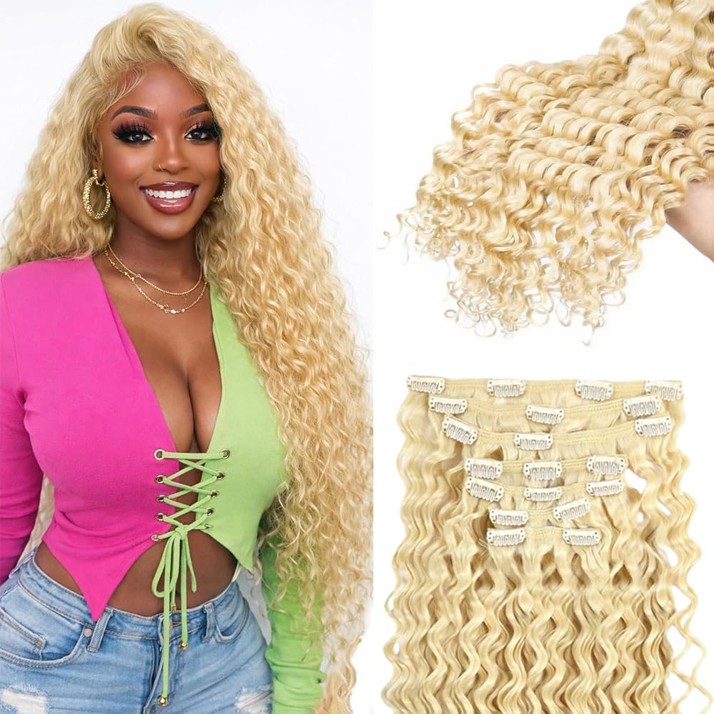 30 Inch #613 Clip in Hair Extensions Real Human Hair 120g/7Pcs,Full Shine Honey Blonde Remy Human Hair,#613 Blonde Body Wave Clip ins Brazilian Virgin Human Hair Extensions