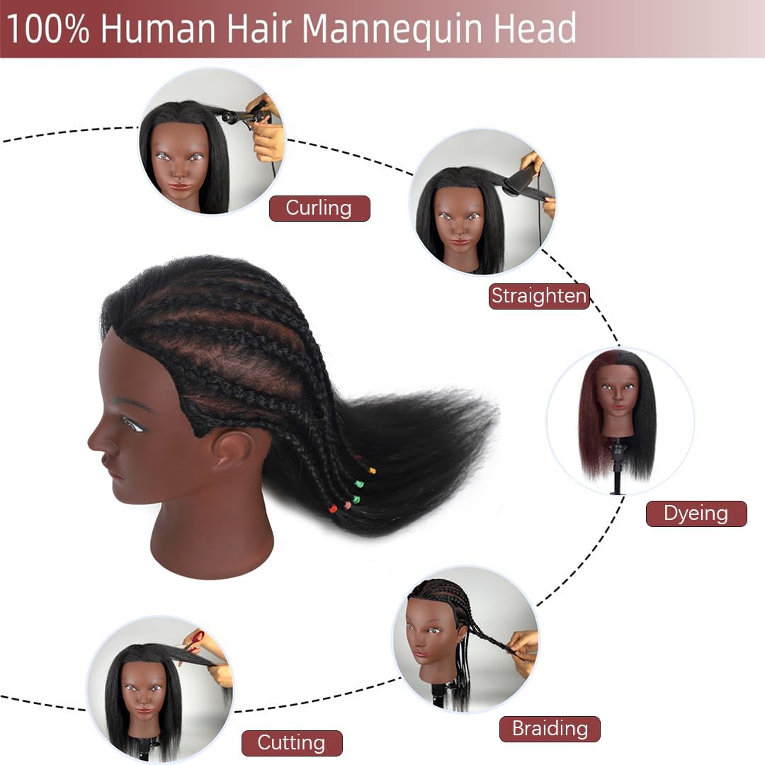 Realistic Human Hair Mannequin Head - 100% Real Hair for Cosmetology Practice | 16 Inch with Table Clamp Stand