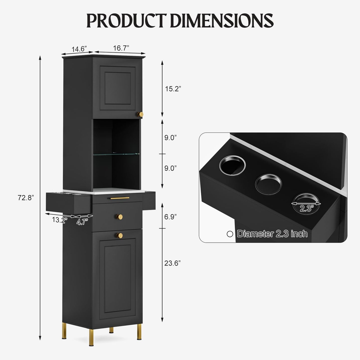 Belandi Salon Stations for Hair Stylist, Barber Station Hair Styling Salon Station, Beauty Salon Furniture with 2 Drawers, Glass Shelf, 2 Storage Cabinet & 6 Hair Dryer Holders for Salon