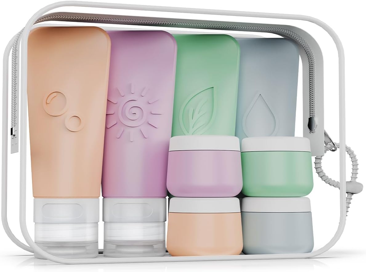 Silicone Travel Bottles Set - TSA Approved Leakproof Toiletry Kit with Easy-Squeeze Design | 16-Piece Waterproof Bag Included