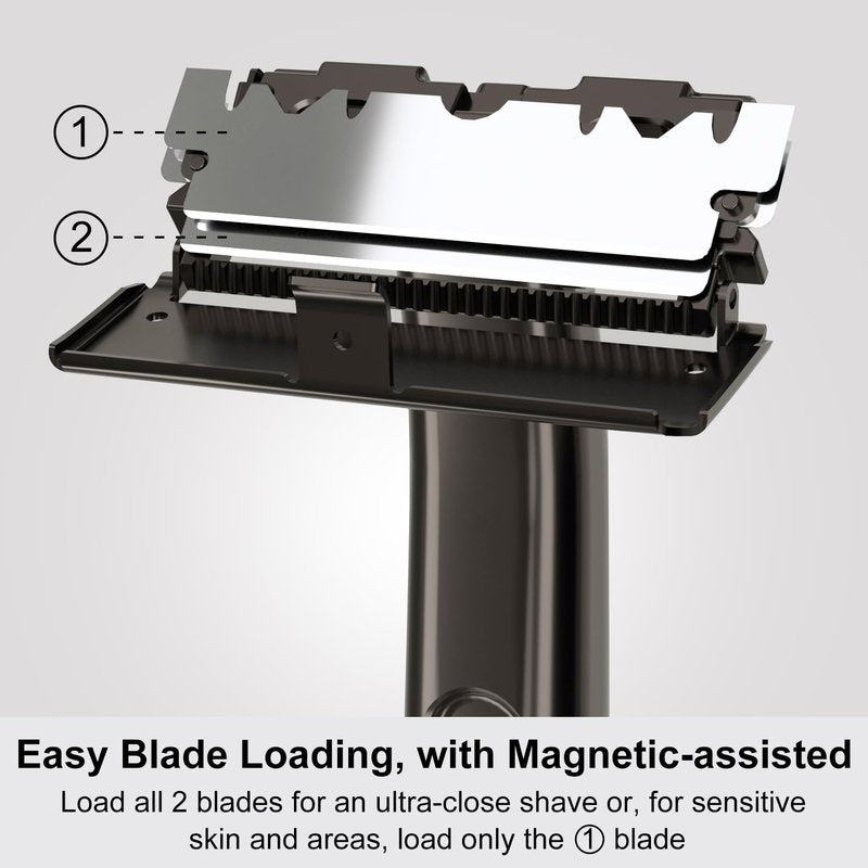 THURLADY Dual-Blade Safety Razor with Pivoting Head, Reusable Metal Razors for Men, with 20 Double Edge Blades and Stand, Smooth Close Clean Shave, Black