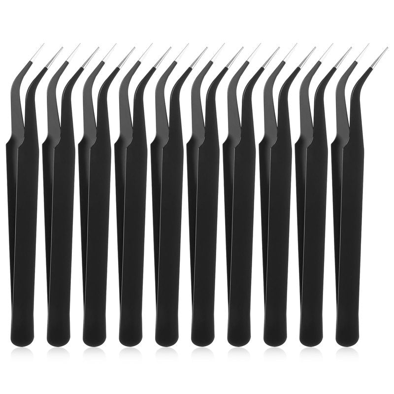 10 Pieces Tweezers for Crafting, Stainless Steel Curved Bedazzling Tweezers Precision Sticker Tweezer with Protective Cover for Jewelry Stickers Eyelash Extensions Rhinestones Crafts (Black)