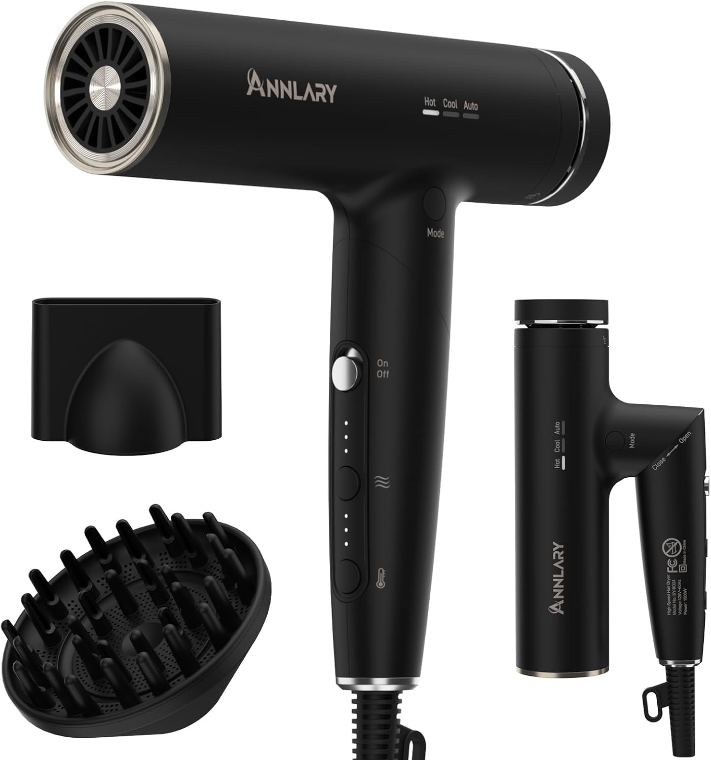 Annlary Hair Dryer - Ionic Blow Dryer with Diffuser for Curly Hair | Low Noise, Foldable Travel Design | 6.5Ft Cord, Magnetic Nozzle