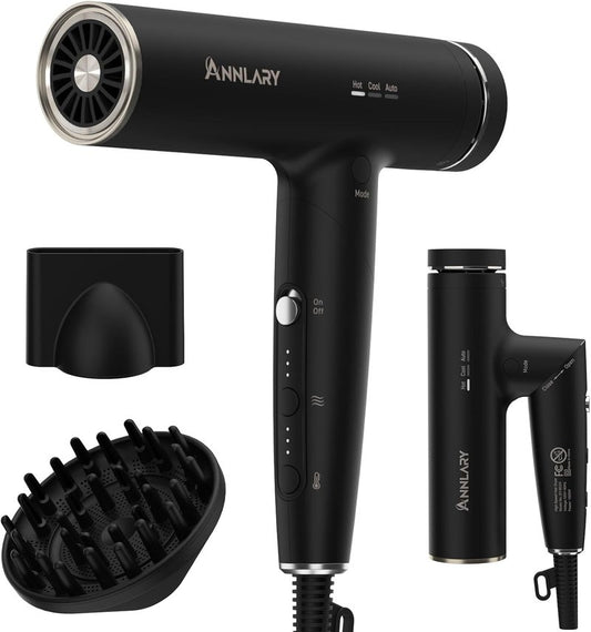 Annlary Hair Dryer - Ionic Blow Dryer with Diffuser for Curly Hair | Low Noise, Foldable Travel Design | 6.5Ft Cord, Magnetic Nozzle