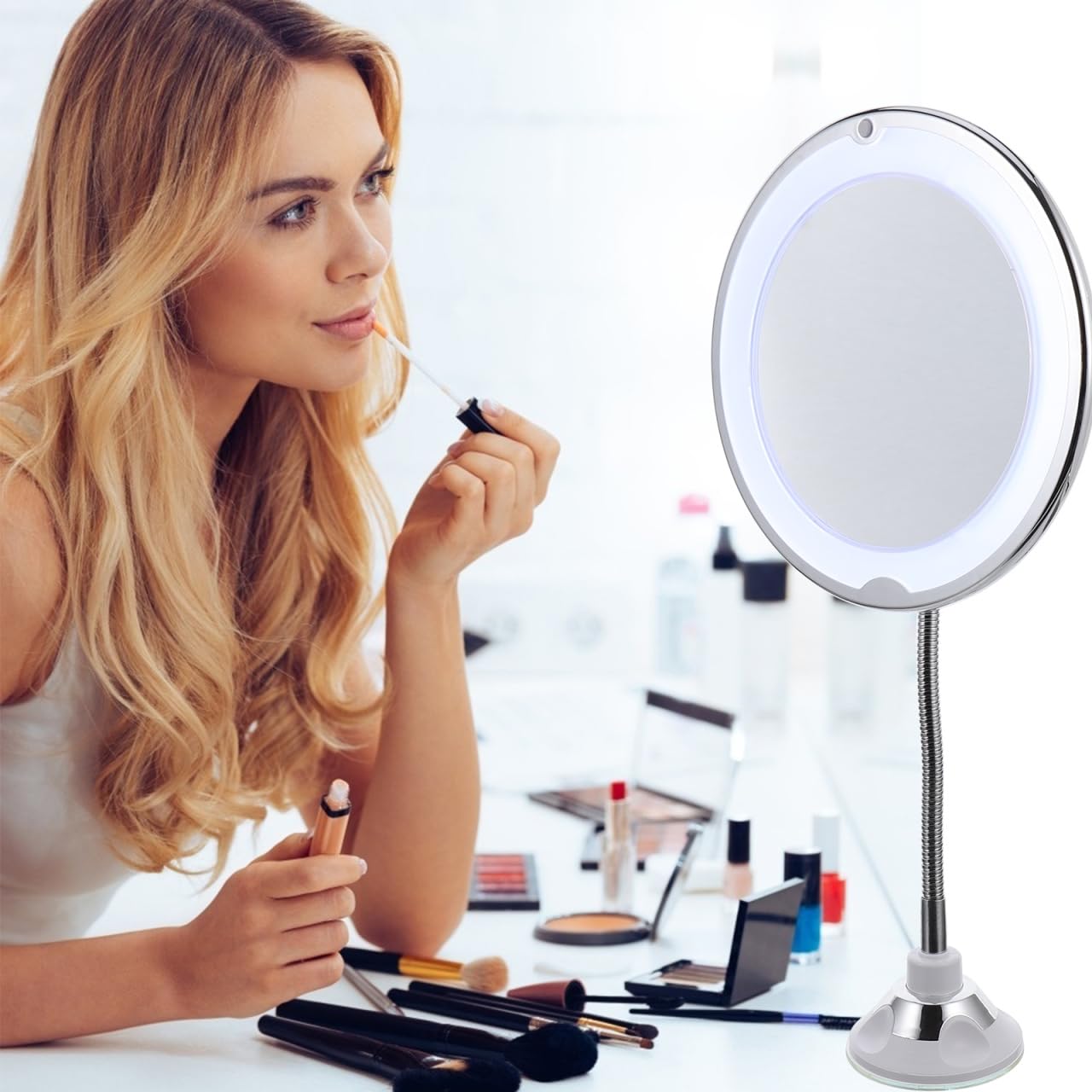 DIYEAH Rotating 10x Magnifying Vanity Mirror with LED Light and Suction Cup, 360-degree Adjustable Makeup Mirror for Bathroom and Travel