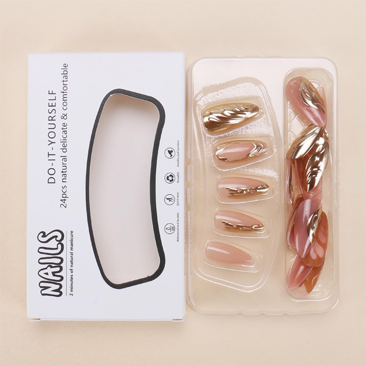 Short Almond Press-On Nails - 3D Gold Carved Ripple Design | Glossy Full Cover Acrylic Nails - 24 Pcs Nude Pink Manicure Set