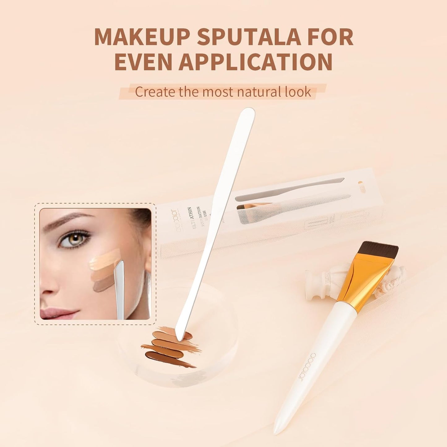 Flat Foundation Brush Set with Dual-Edged Spatula - Korean Makeup Blending Tool for Liquid & Cream
