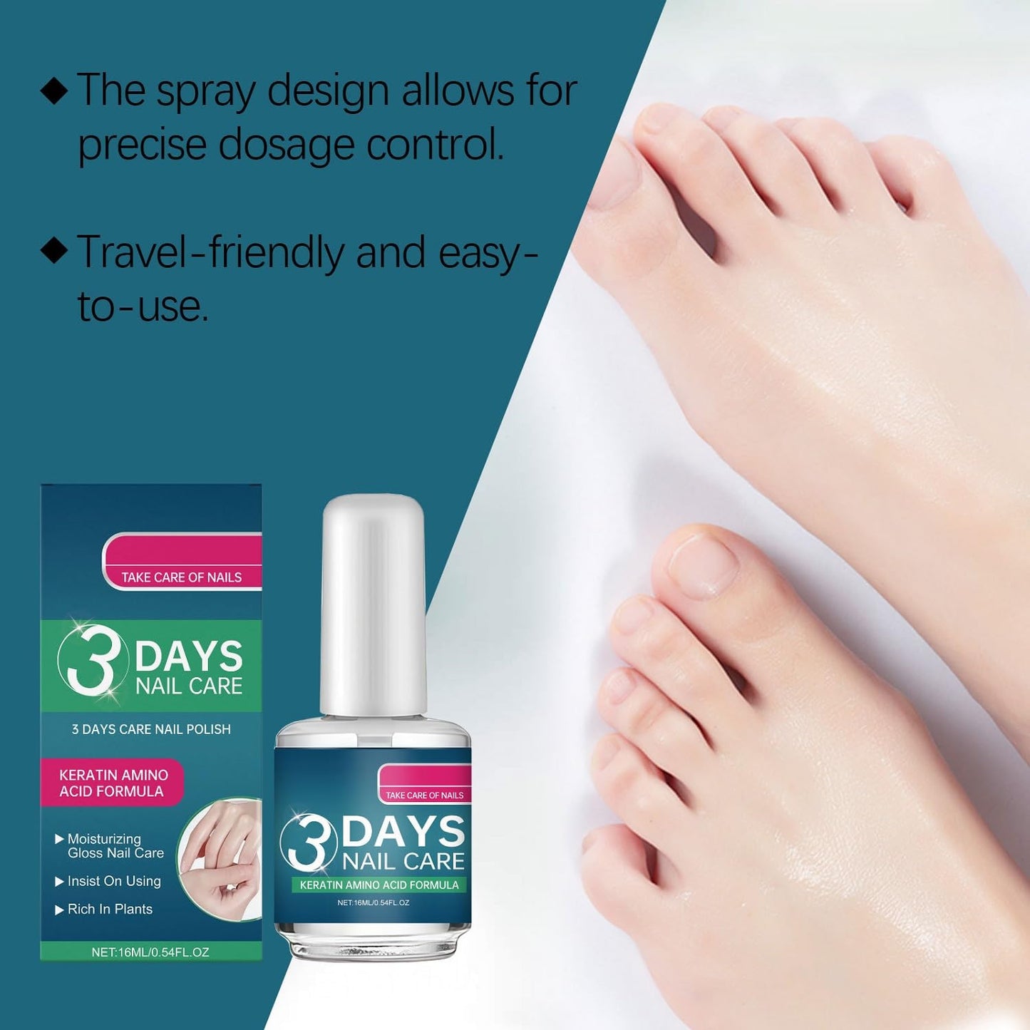 3 Days Nail Care - Keratin Amino Acid Conditioner for Weak, Fragile Nails | Quick-Dry Hydrating Treatment