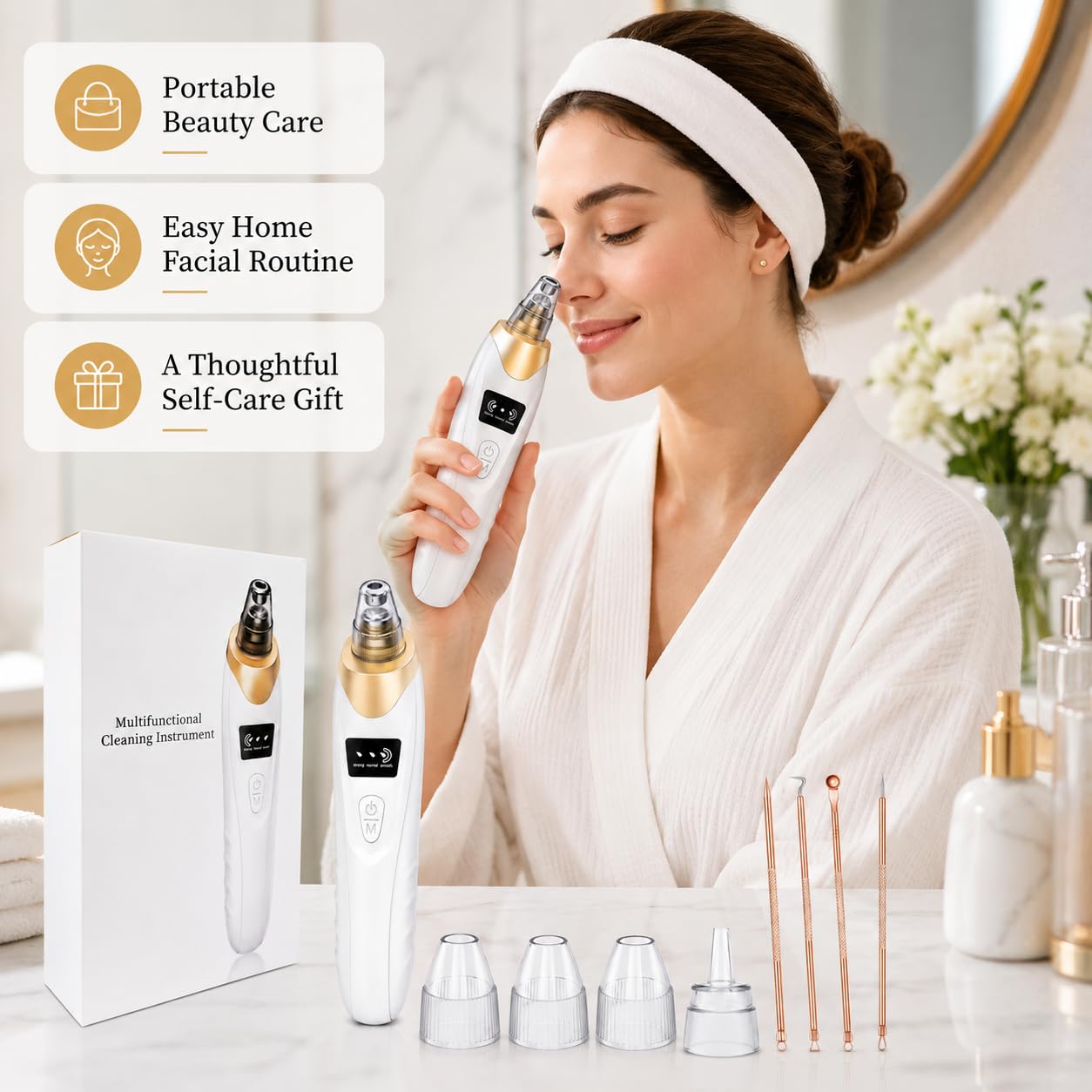 2026 Blackhead Remover with 5 Suction Heads & 4 Gold Extraction Tools, Electric Blackhead Vacuum Pore Vacuum for Deep Facial Cleaning, USB Rechargeable for Women & Men-Khaki
