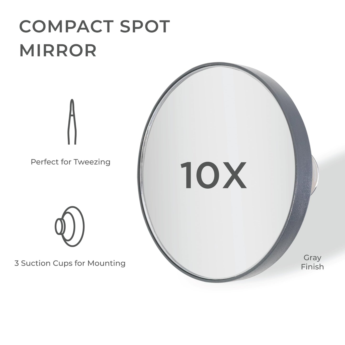 Zadro Compact Spot Mirror, Powerful 10X/15X or 20X Magnifications Travel Mirrors with Suction Cups, Mini Purse-Size Mirror-for-Makeup, Tweezing, and Grooming (10X Magnification, Gray)