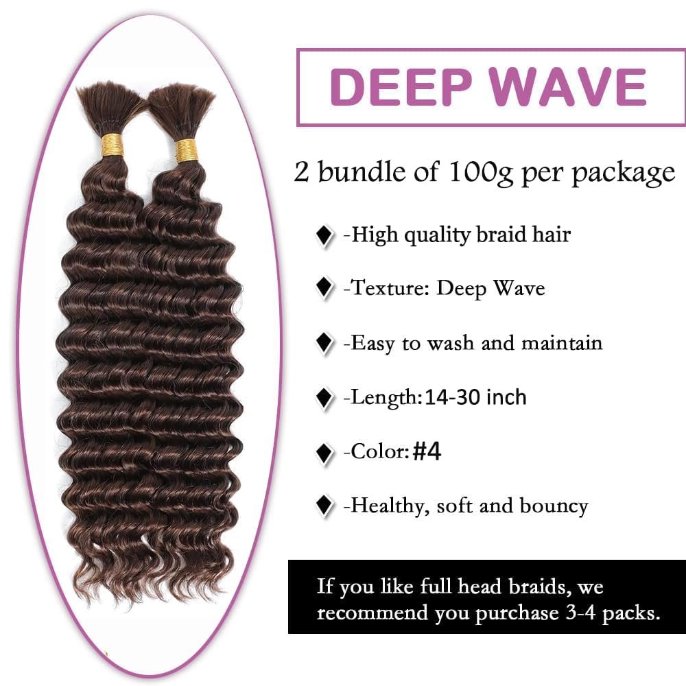 #4 Brown Human Braiding Hair Deep Wave Bulk 28 28 Inch Unprocessed Brazilian Virgin Hair Chocolate Deep Curly Braiding Hair Extensions 2 Bundle 100g/pack