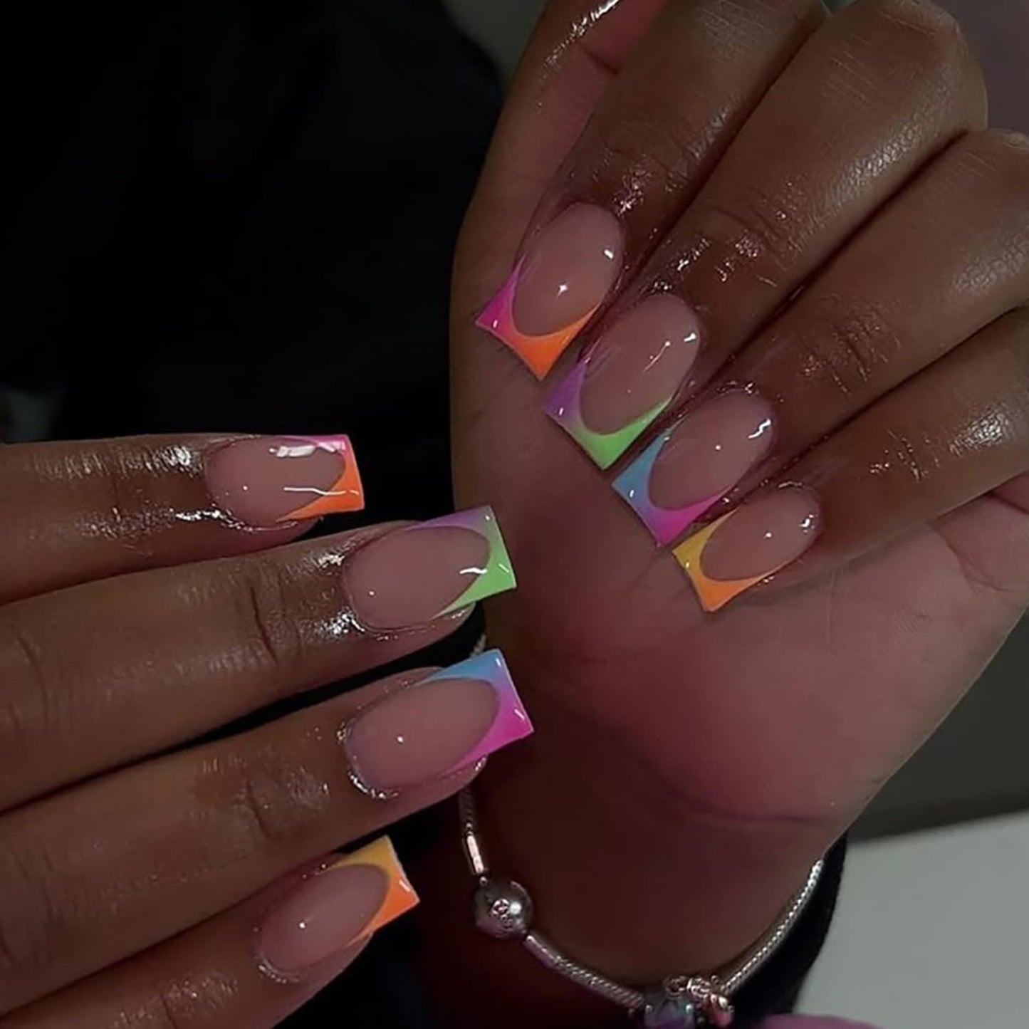 Almond Press-On Nails - 24Pcs Medium Length Gold Star Designs | Full Cover Nude Gradient Acrylic with Rhinestones