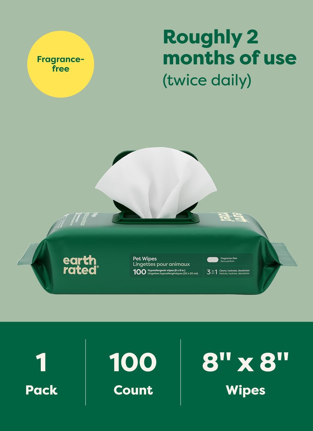 Earth Rated Pet Wipes - Hypoallergenic 3-in-1 Cleaning Wipes for Dogs & Cats | 100 Count, Unscented