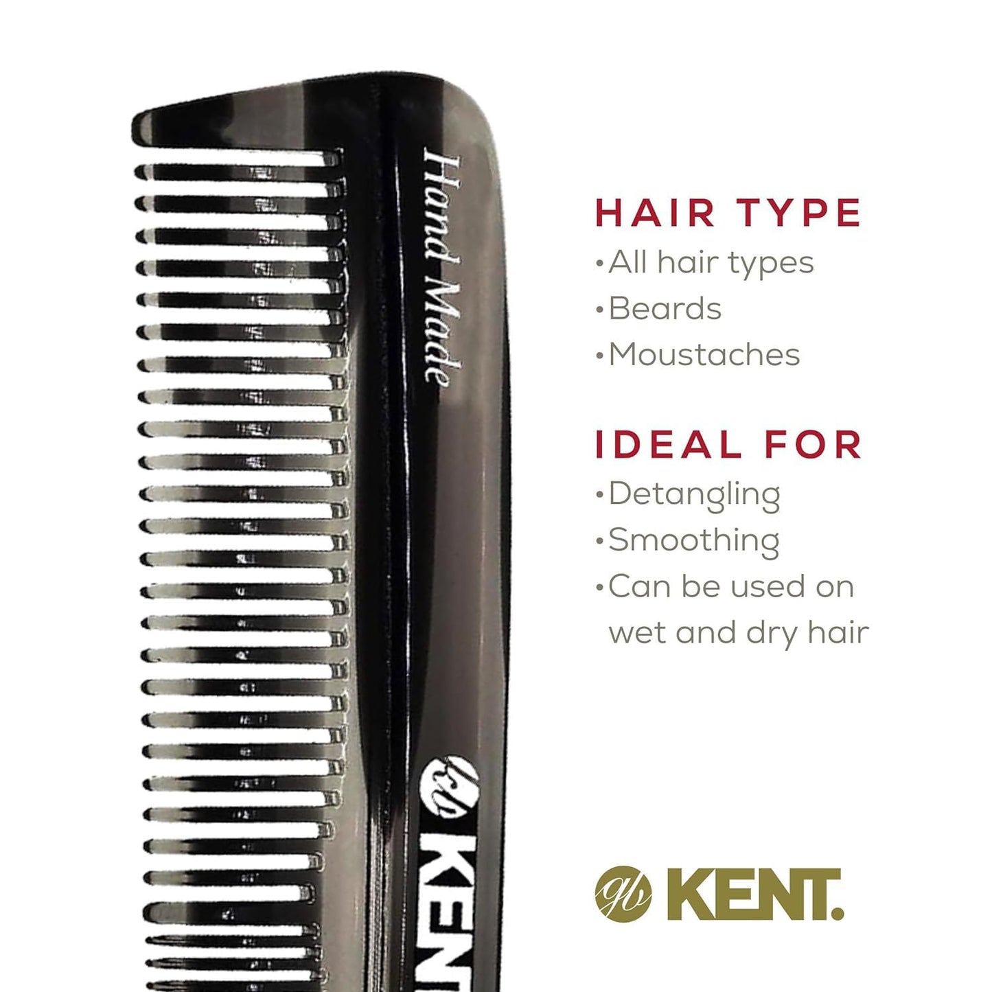 Kent R7T Graphite Fine Tooth and Wide Tooth Hair Comb - Handmade Pocket Comb for Men, Best Beard and Mustache Comb for Everyday Grooming, Sawcut made in England