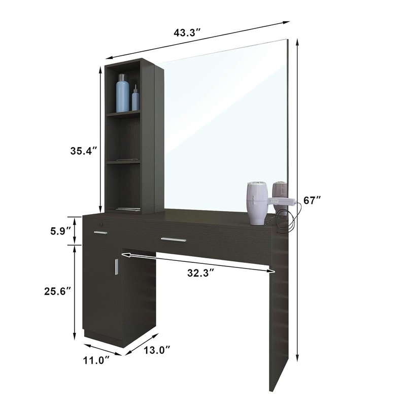 Wall Mount Barber Station - Stylish Salon Equipment with Mirror & Left Shelf - Black Finish