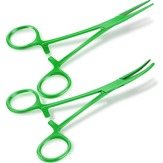BBTO Hemostat Curved and Straight Hemostat Forceps Piercing Pliers Forceps, Stainless Steel Straight and Curved Pliers, Fishing Tweezer(Green,2 Pcs)
