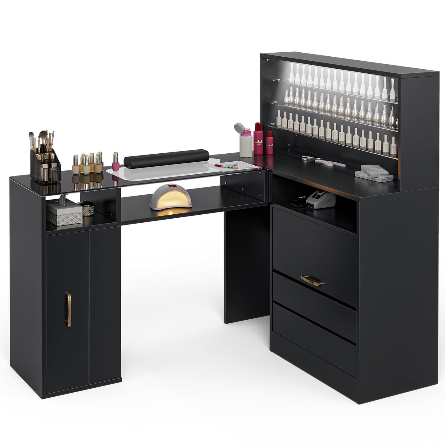 Paddie Manicure Table with LED Light, L-Shaped Glass Top Nail Tech Table w/2 Storage Shelves, Upwards Cabinet Door, Corner Nail Station w/3 Drawers & Wrist Cushion(Black)