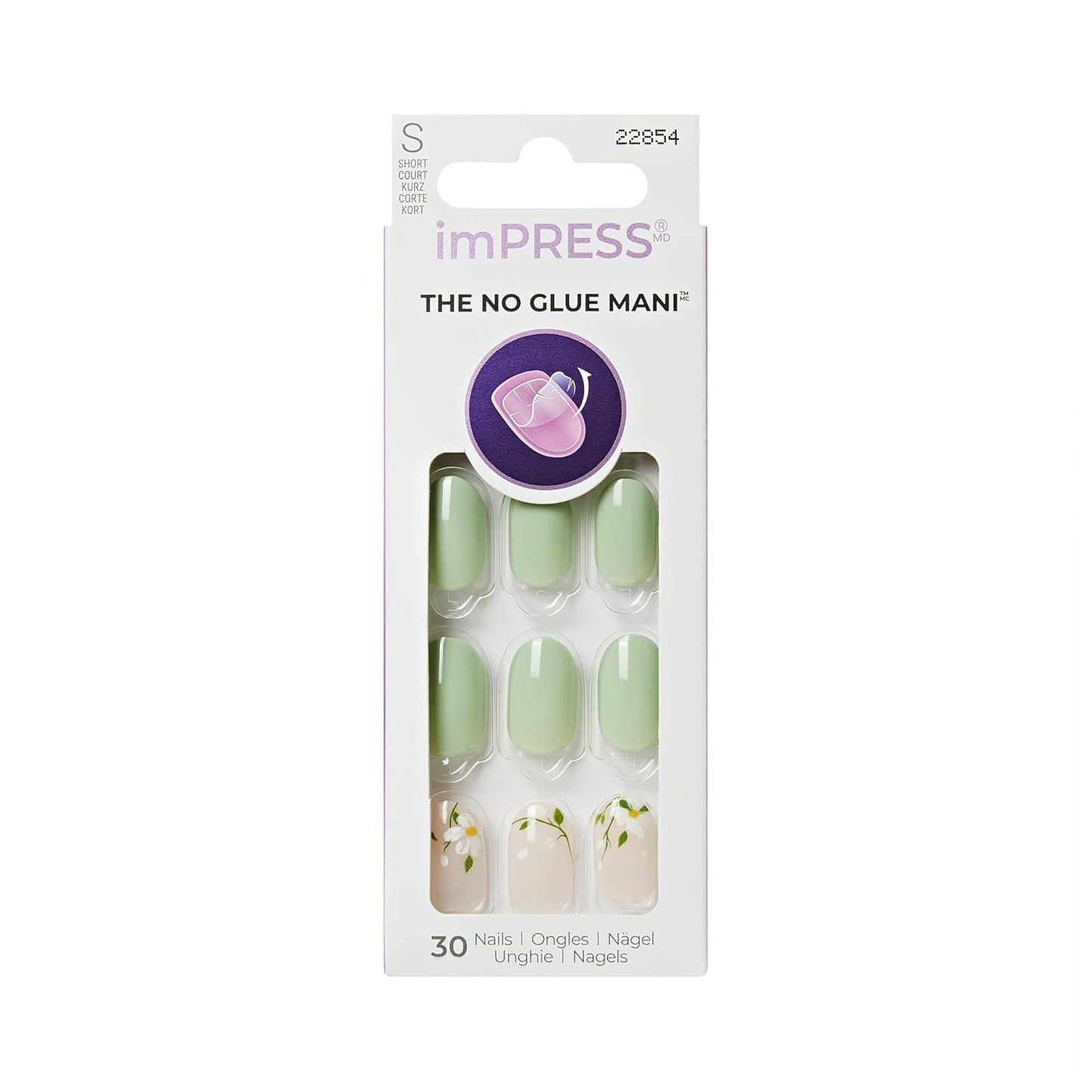 Kiss Impress No Glue Mani Press On Nails - Velvet Bunny Design, Green Oval Shape | Short Size, 30 Nails & Accessories