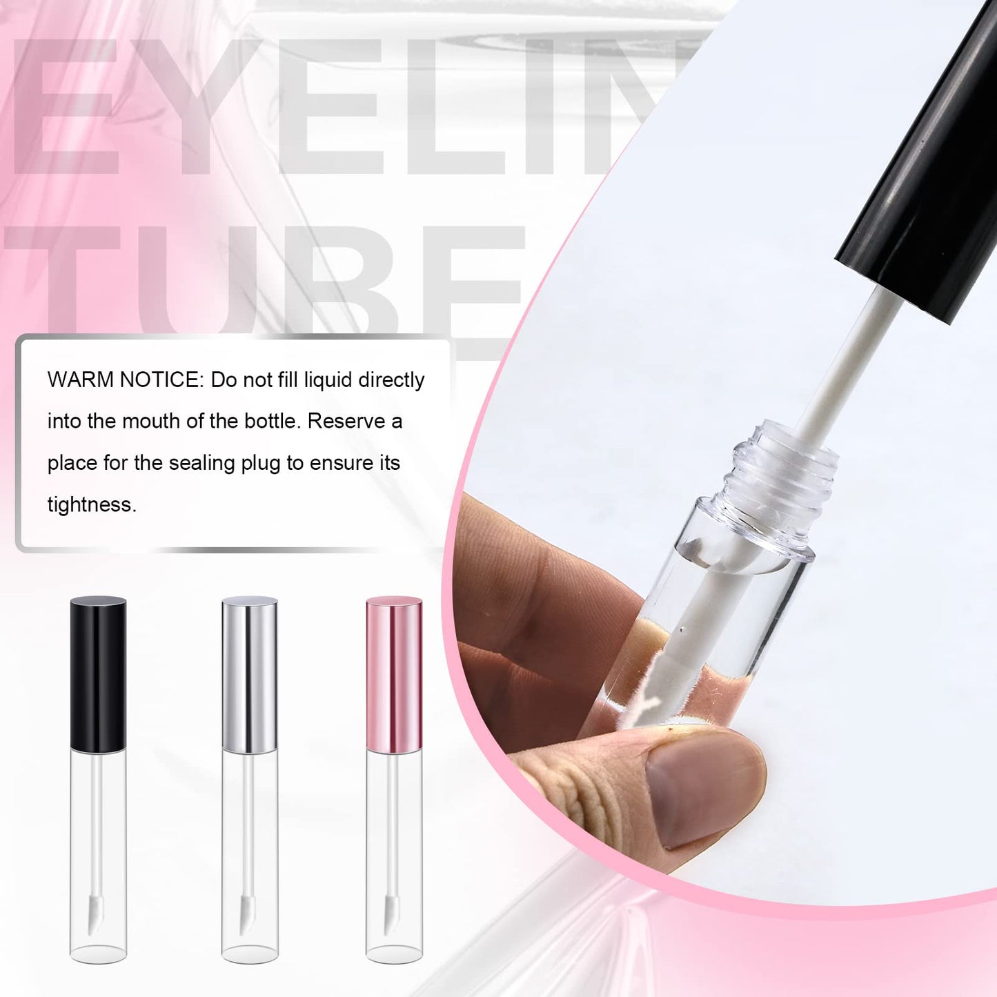 Bercoor 30 Pack Lip Gloss Tube, 10ml Empty Refillable Lip Balm Bottle Clear Plastic Lip Gloss Container with Rubber Stoppers for DIY Makeup, Personal Cosmetic, Black, Sliver and Pink