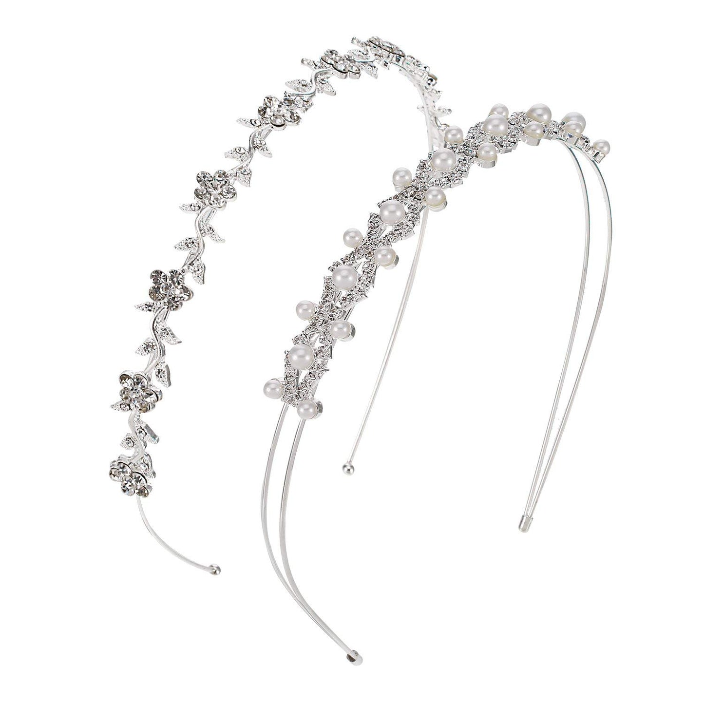 Pangda 2 Pieces Flower Headband for Women Thin Flower Headbands Wedding Headpiece Tiara Hair Accessories Rhinestone Crystal Bands Pearl Leaves Crown for Bridal Bridesmaids Prom First Communion