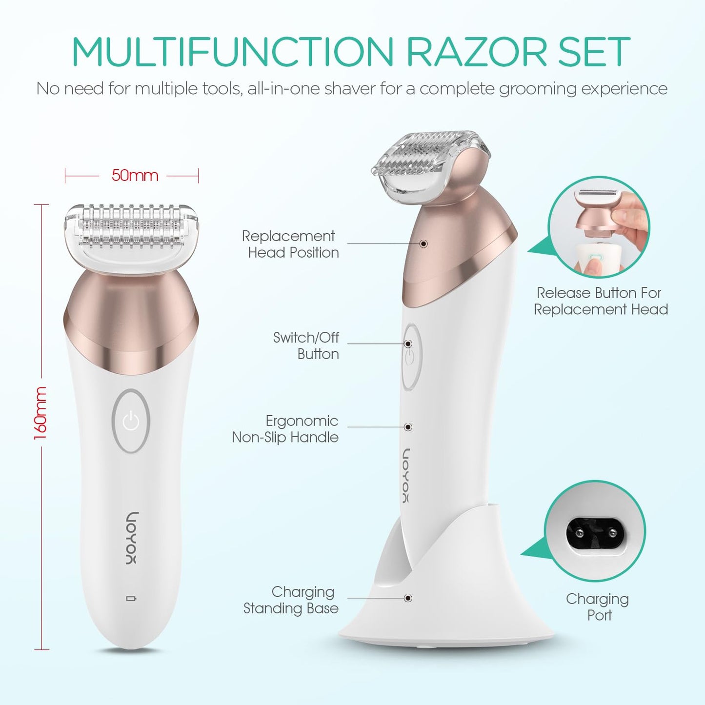 VOYOR Electric Razors for Women 4 in 1 Bikini Trimmer, Foil Shaver for Women 4 Replacement Heads for Body, Pubic Hair Trimmer, Cleansing, Massage 2 Adjustable Speeds Rechargeable Shaver ES501 (Gold)